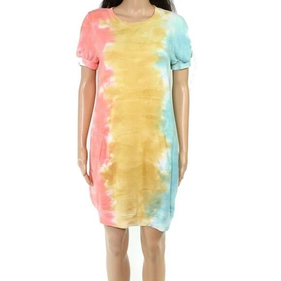 Ultra Flirt Pocketed Tie Dye Puff Short Sleeve Crew Neck Mini Sweatshirt Dress - Picture 1 of 7